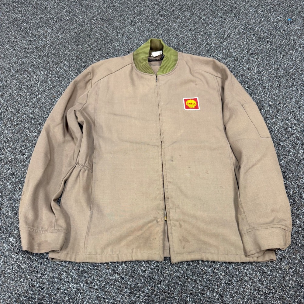 Lion Shell Work Jacket Mens Large Tan Vintage 60s Station gabardine Patch Zip